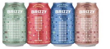 On the left, BRIZZY cans tapered on top and bottom, with solid color backgrounds behind digital dots forming different shaped glasses, and with “Seltzer Cocktail” in small text.  On the right, VIZZY cylindrical cans with white backgrounds and pictures of fruit in two-color panels, and with “Hard Seltzer” in small text and “With Antioxidant Vitamin C” in bold letters