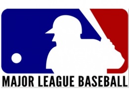 Batter in red, white and blue logo above MAJOR LEAGUE BASEBALL