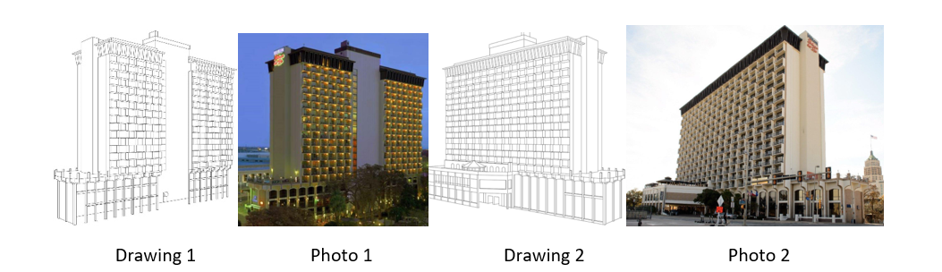 Line drawing of building façade front view; Center Left: Photo of front of building; Center Right:  Line drawing of building façade rear view; Far Right:  Photo of rear of building