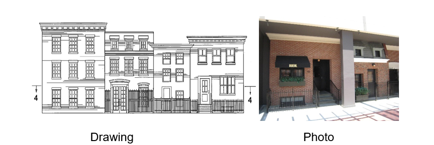 Patent drawing of a storefront resembling city brownstone buildings behind wrought iron fences; Right:  Photo of the Ruehl storefront 