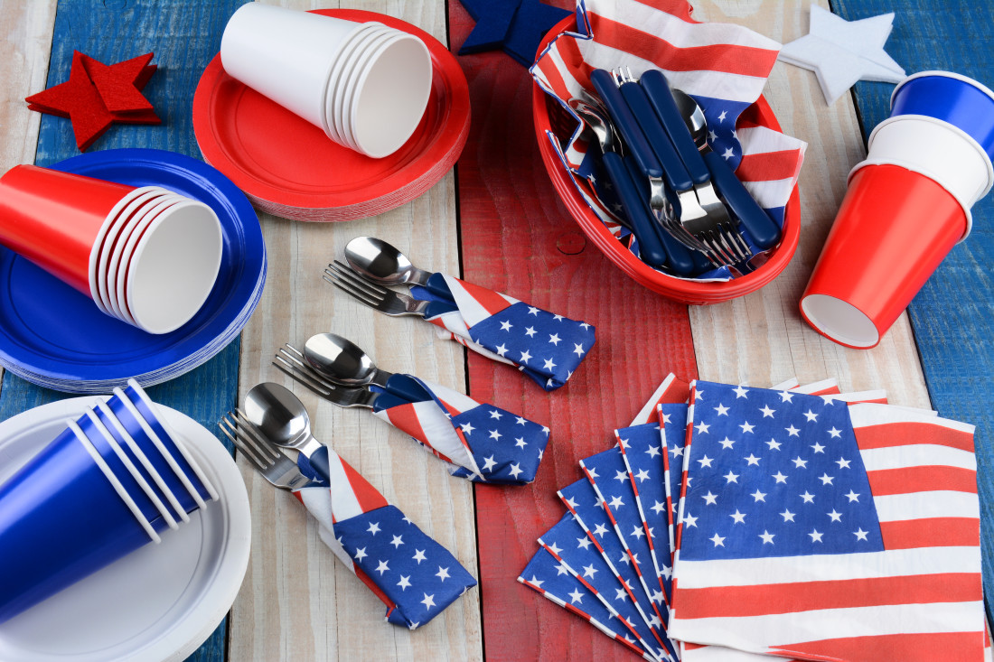 Photo of disposable table wares with printed American Flag designs