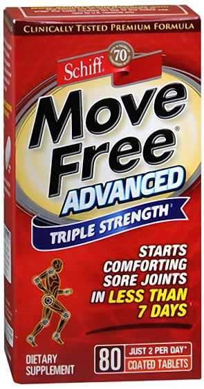 Box of Move Free® Advanced Triple Strength dietary Supplement stating “Starts Comforting Sore Joints in Less Than 7 Days.”