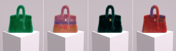 Four MetaBirkins NFT images, each showing a different-color handbag sitting on a cube.
