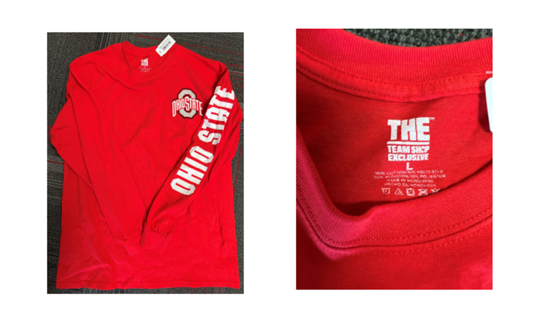 (Left)  Red long-sleeved t-shirt with THE in white capital letters inside the neck above a line and TEAM SHOP EXCLUSIVE in smaller letters, an Ohio State Logo on the left breast, and Ohio State along the left sleeve.  (Right) A close-up view of the words inside the neck of the same t-shirt.