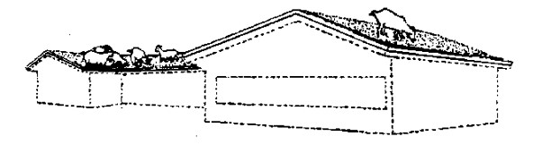 A three-dimensional dotted-line outline of a building topped by a sod-covered roof with live goats grazing on it.