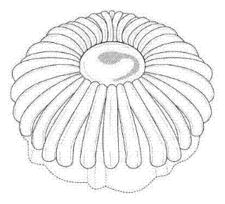 Bundt cake with frosting strips radiating from the center hole to the outer edge