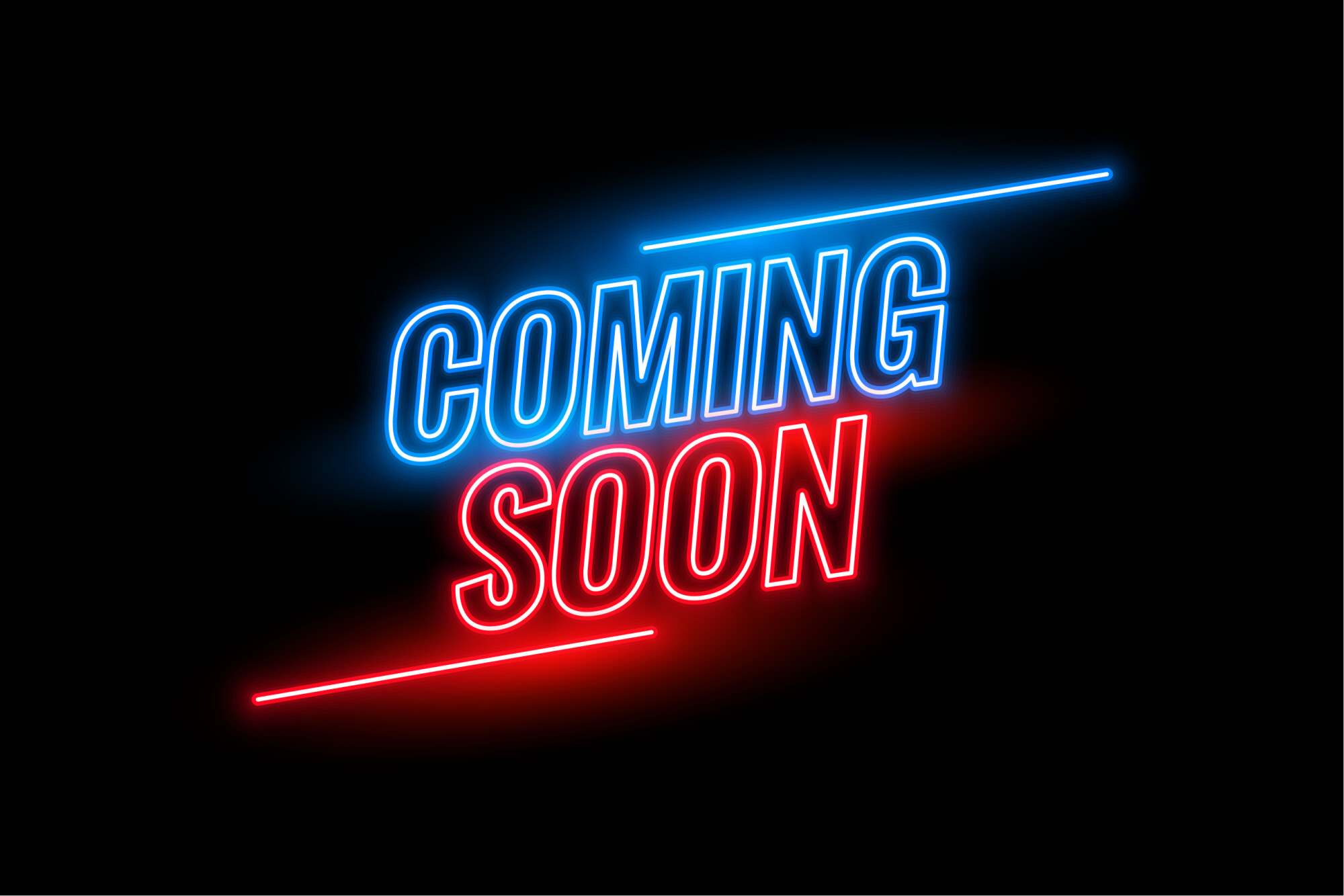 Lighted neon sign saying COMING (in blue letters) SOON (in red letters).
