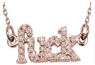 Chain necklace with pendant spelling “fuck” studded in rhinestones