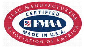 Concentric ovals: the center oval is blue with a stylized design of a U.S. flag in red, white and blue, along with the letters "FMAA" in white; the blue center oval is surrounded by a white oval with the words "CERTIFIED MADE IN U.S.A." in blue letters; the outermost oval is red with the words "FLAG MANUFACTURERS ASSOCIATION OF AMERICA" in white letters.