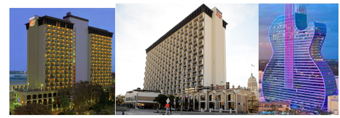 Hilton Palacio Del Rio Hotel in San Antonio, Texas (rectangular shape, front view); Center image—Same hotel (rear view); Seminole Hard Rock Hotel in Hollywood, Florida 
