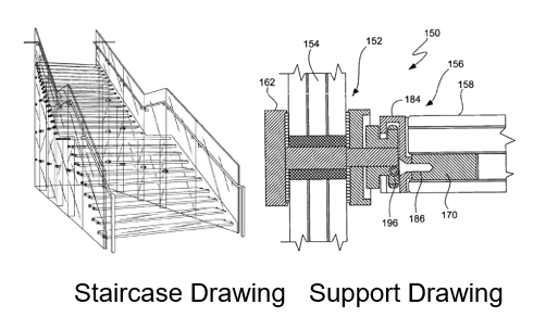 Drawing of a glass staircase; Right: Schematic drawing of a support mechanism