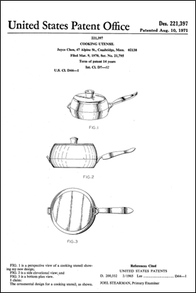   Design Patent depicting three perspectives of the “Cooking Utensil.”