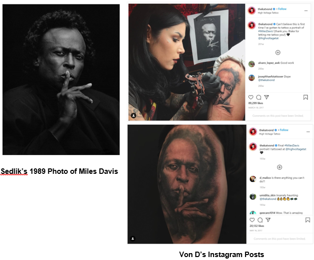 Sedlik’s 1989 Photo of Miles Davis and Von D’s Instagram Posts