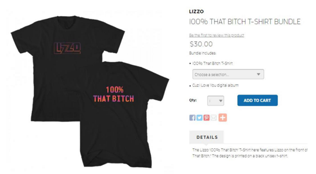 Website offering to sell a “100% THAT BITCH T-SHIRT BUNDLE” and displaying a black t-shirt with 100% THAT BITCH on the back and LIZZO on the front.