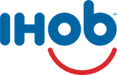 Logo showing the blue letters IHOb above smile-shaped red line
