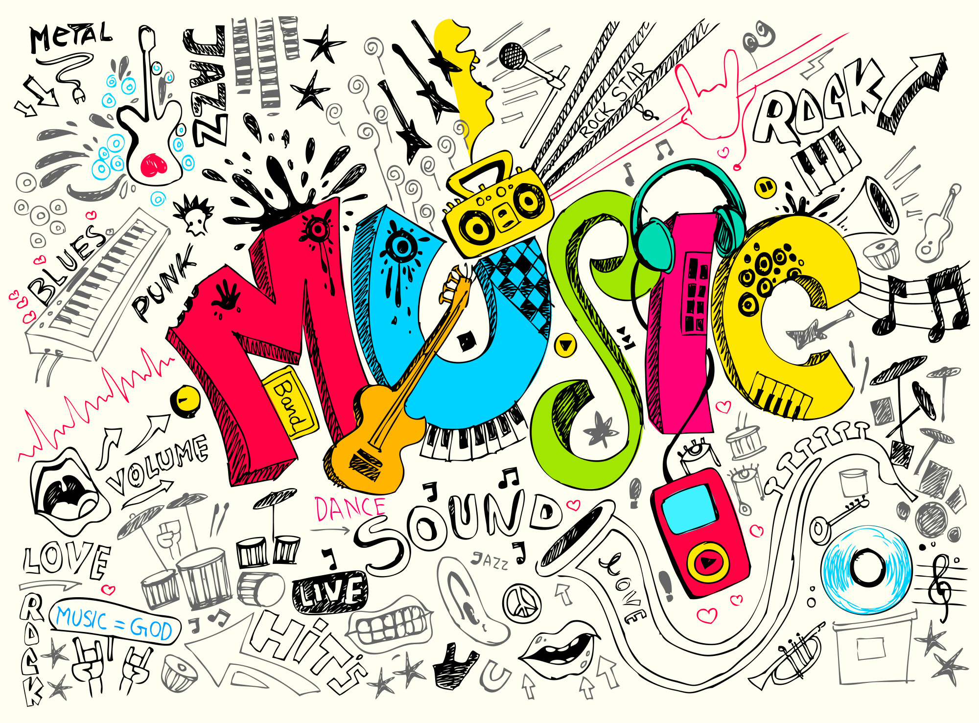 The word MUSIC in stylized form with letters of different colors surrounded by mostly black pictures on a white background of ways to make music or listen to music.