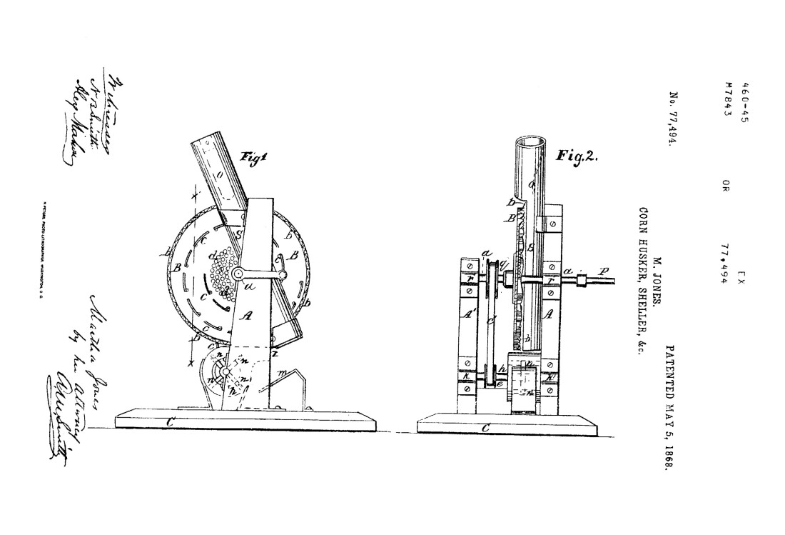 Martha Jones' Improvement to the Corn Husker Patent Drawing