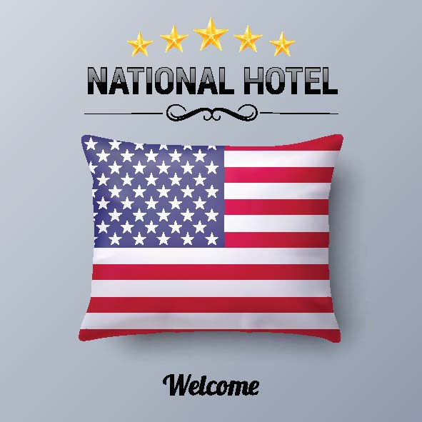 Image of a pillow with an American Flag printed on it, and the words "National Hotel" and "Welcome"