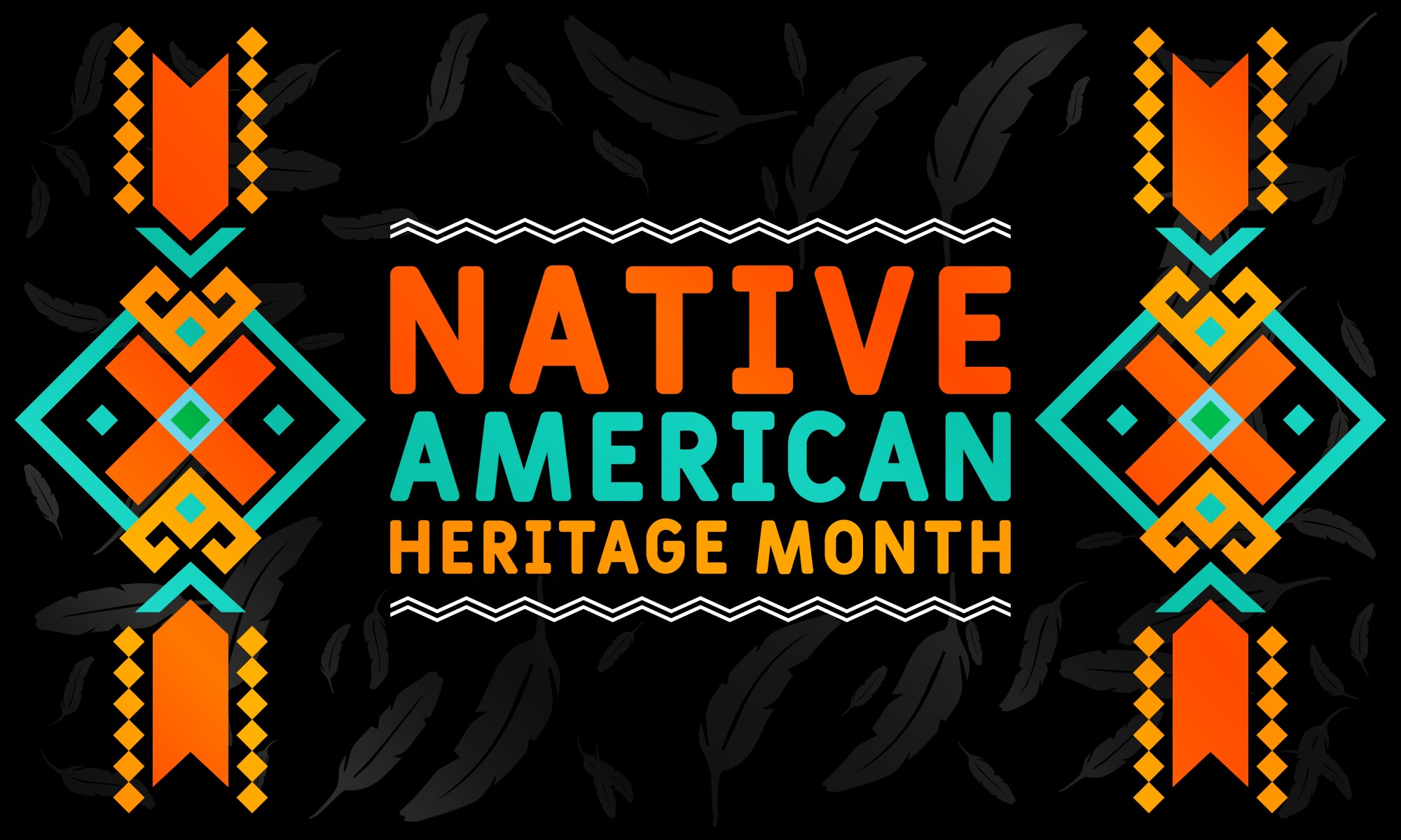 The words Native American Heritage Month with diamond-shaped designs on each side