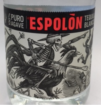 Opposer’s tequila label showing ESPOLON above a drawing of a skeleton riding a rooster