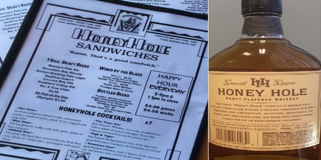 Photo of HoneyHole Sandwiches Menu and Photo of Honey Hole Whiskey Bottle