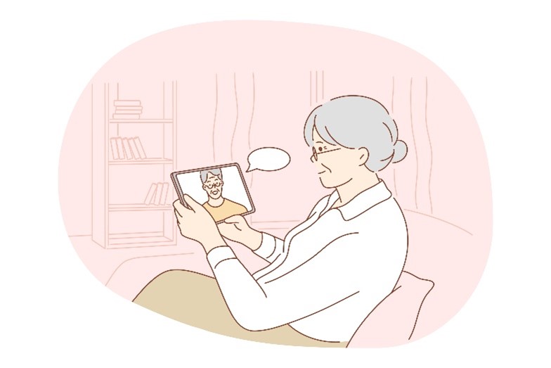 Elderly woman cartoon character sitting at home with tablet