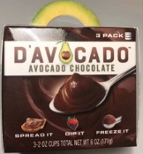 Specimen showing front of D’AVOCADO brand avocado chocolate package