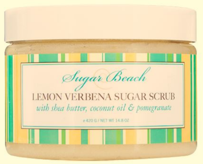 Jar with label displaying Sugar Beach above Lemon Verbena Sugar Scrub with shea butter, coconut oil & pomegranate