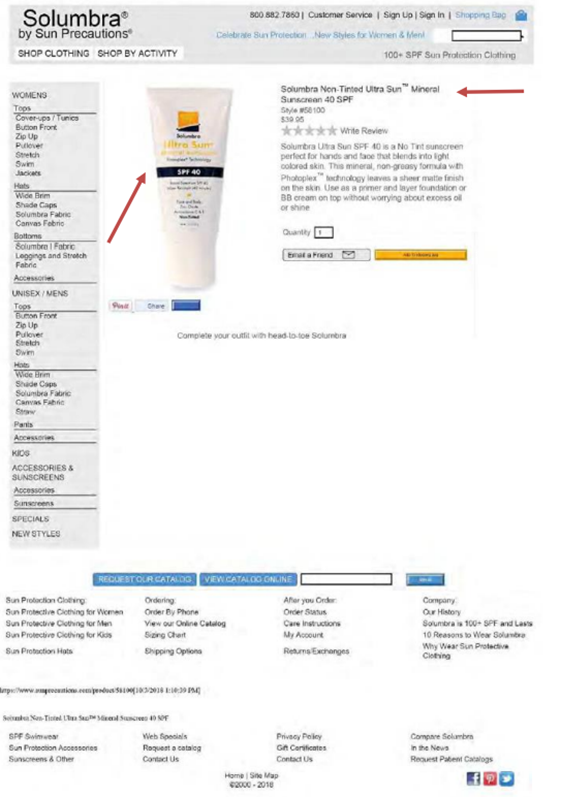 Webpage displaying a tube of ULTRA SUN sunscreen, alongside a description of the product identified as “Solumbra Non-Tinted Ultra Sun™ Mineral Sunscreen 40 SPF,”  with a price and ordering capability.