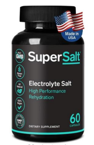 Bottle labeled as “Electrolyte Salt High Performance Rehydration” dietary supplement tablets below the trademark SuperSalt with Super in white letters and Salt underlined and in green letters
