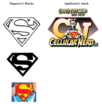 Three versions Opposer’s S-Shield Design marks on the left and Applicant’s mark on the right consisting of a telephone number above a diamond-shaped shield design behind the letters CN and over which is a cartoon man wearing glasses with the same shield design in red on his chest on which the letters CN are displayed in yellow, all above CellularNerd.com.