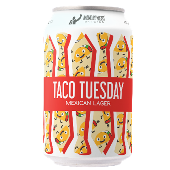 Beer can displaying the words TACO TUESDAY in large type above Mexican Lager in smaller type.