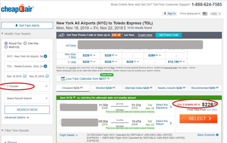 CheapOair webpage stating, “Only 2 tickets left at $226.50.”
