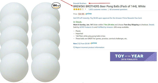 Website ordering information for a pack of 144 BREWSKI BROTHERS beer pong balls next to two rows of 5 white balls each.