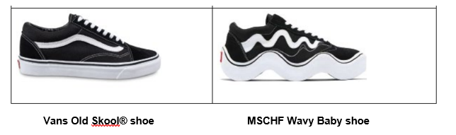  Left—Vans shoe with a white wavy stripe on both sides of black upper, above a white sidewall.  Right—MSCHF shoe exaggerates and distorts same features.