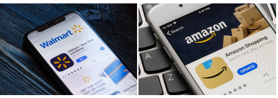 Walmart and Amazon websites displayed on side-by-side smart phones