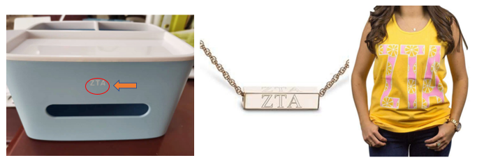 Left photo of a plastic box for dispensing paper towels for household use displaying ZTA on the end.  Middle photo of a metal necklace with a rectangle displaying ZTA.   Right photo of a woman wearing a yellow t-shirt displaying a large ZTA on the front.