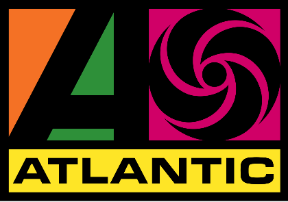 A square enclosing a black stylized letter A on the left over a background of orange and green and a black pinwheel design on the right over a purple background above the word ATLANTIC in black letters over a yellow background