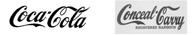 Left:  Opposer’s COCA-COLA (stylized lettering)		 Right:  Applicant’s CONCEAL-CARRY (in the same stylized lettering) above REGISTERED HANDGUN (in smaller block capital lettering)