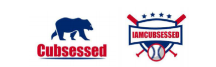 Left--Silhouette of bear above the word Cubsessed.  Right—Banner displaying word IAMCUBSESSED in front of a triangular shield with four stars on top, crossed baseball bats on the sides, and a baseball at the bottom	