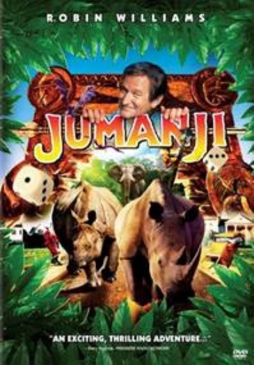 Left: TriStar Pictures’ original movie DVD cover showing the word JUMANJI surrounded by jungle animals and the face of Robin Williams.  