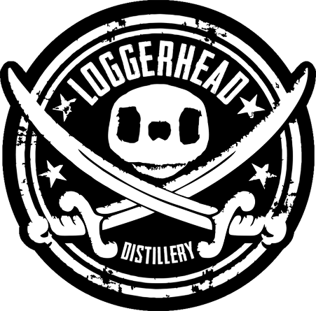 Circular logo of a skull and cross swords with LOGGERHEAD at the top and DISTILLERY in smaller letters at the bottom. 