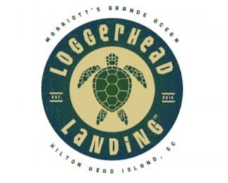 Right:  Circular logo of a turtle with LOGGERHEAD at the top and LANDING in the same size letters at the bottom