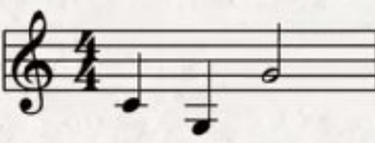 Musical notation showing a treble clef, 4/4 time, and three notes—a quarter note C, a lower  quarter note G, and a higher half note G
