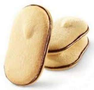 Oval-shaped cookies with a protruding notch and a filling sandwiched between them