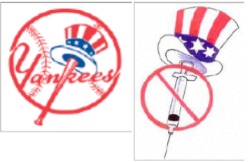 Left:  The word Yankees with diagonal bat under a top hat in red, white, and blue over a round baseball Right:  A diagonal syringe under a top hat in red, white, and blue with a round circular figure having a diagonal line through it (the prohibition sign)
